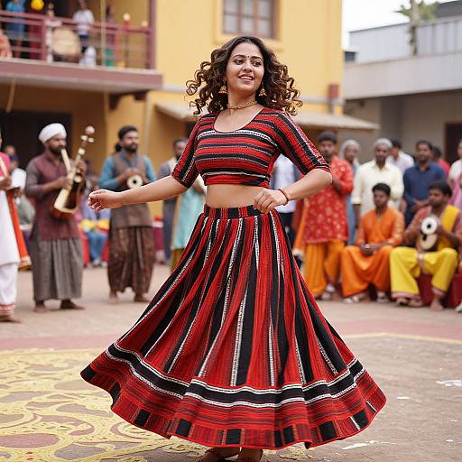 Traditional Indian Folk Dance with Woman in Red and Black Attire
