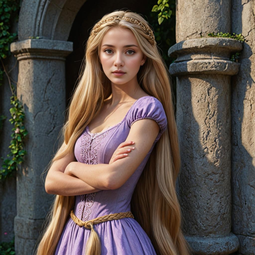 Fairy-tale woman resembling Rapunzel in a purple dress