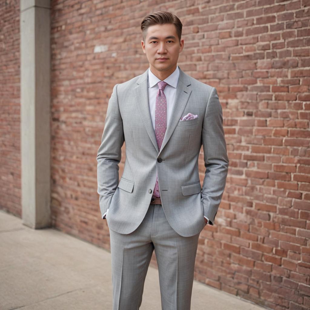 Elegant Man in Gray Suit Against Brick Wall