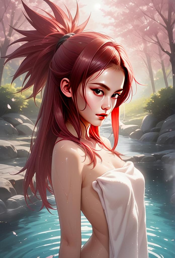 Young Woman in Serene Hot Spring - Anime Art Young Woman in Serene Hot Spring - Anime Art