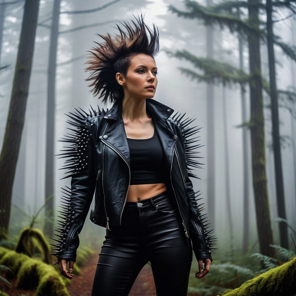 Confident Woman in Spiked Mohawk in Misty Forest Confident Woman in Spiked Mohawk in Misty Forest
