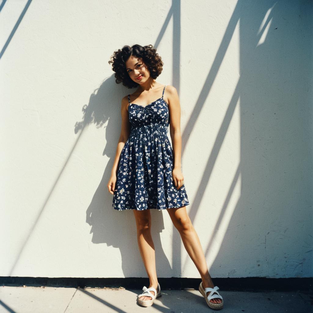 Young Woman in Navy Floral Dress Standing with Sunlit Shadows