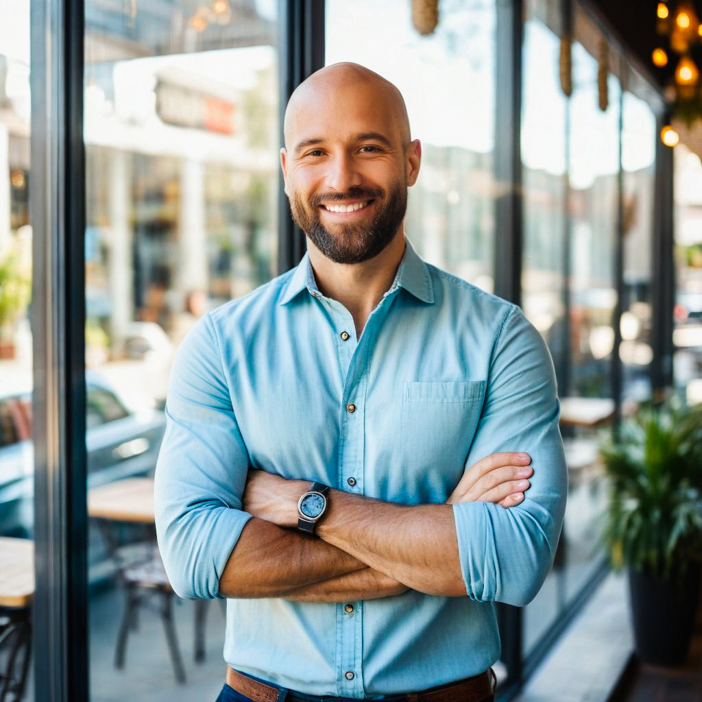 Confident bald man with beard in light blue shirt at modern café