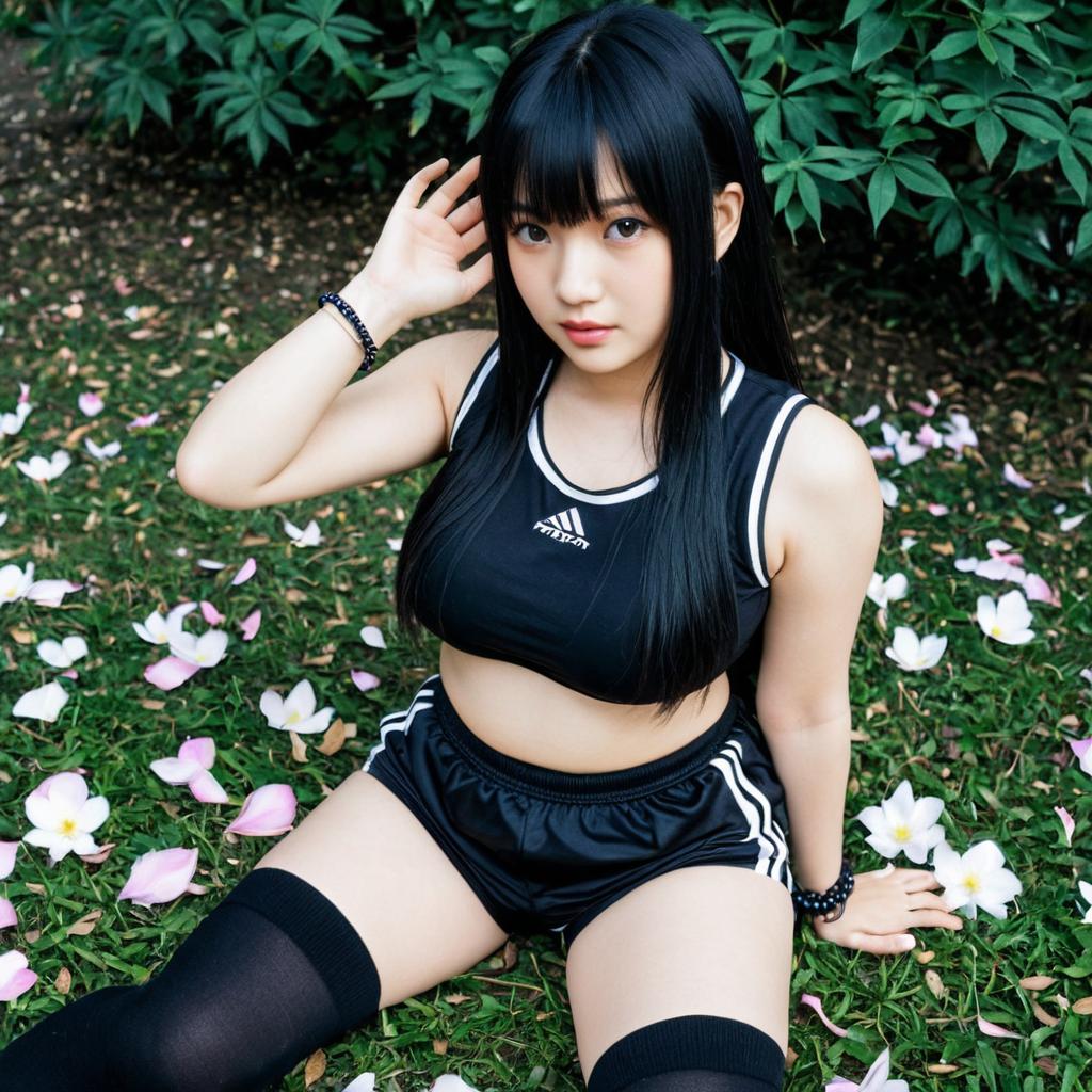 Young Woman in Black Athletic Outfit Sitting on Grass with Flower Petals
