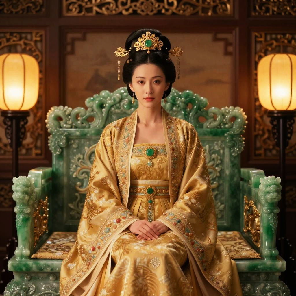 Elegant Woman in Traditional Golden Imperial Gown on Jade Throne