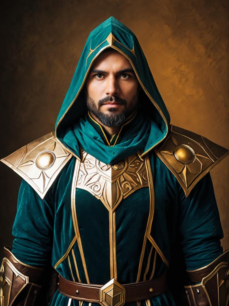 Man Cosplay in Realistic Nerevarine Costume with Green Hood and Golden Armor