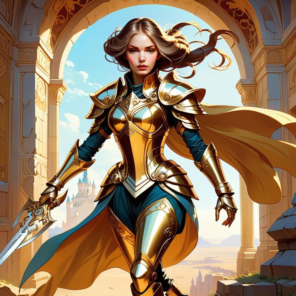 Confident Woman Warrior in Golden Armor Confident Woman Warrior in Golden Armor