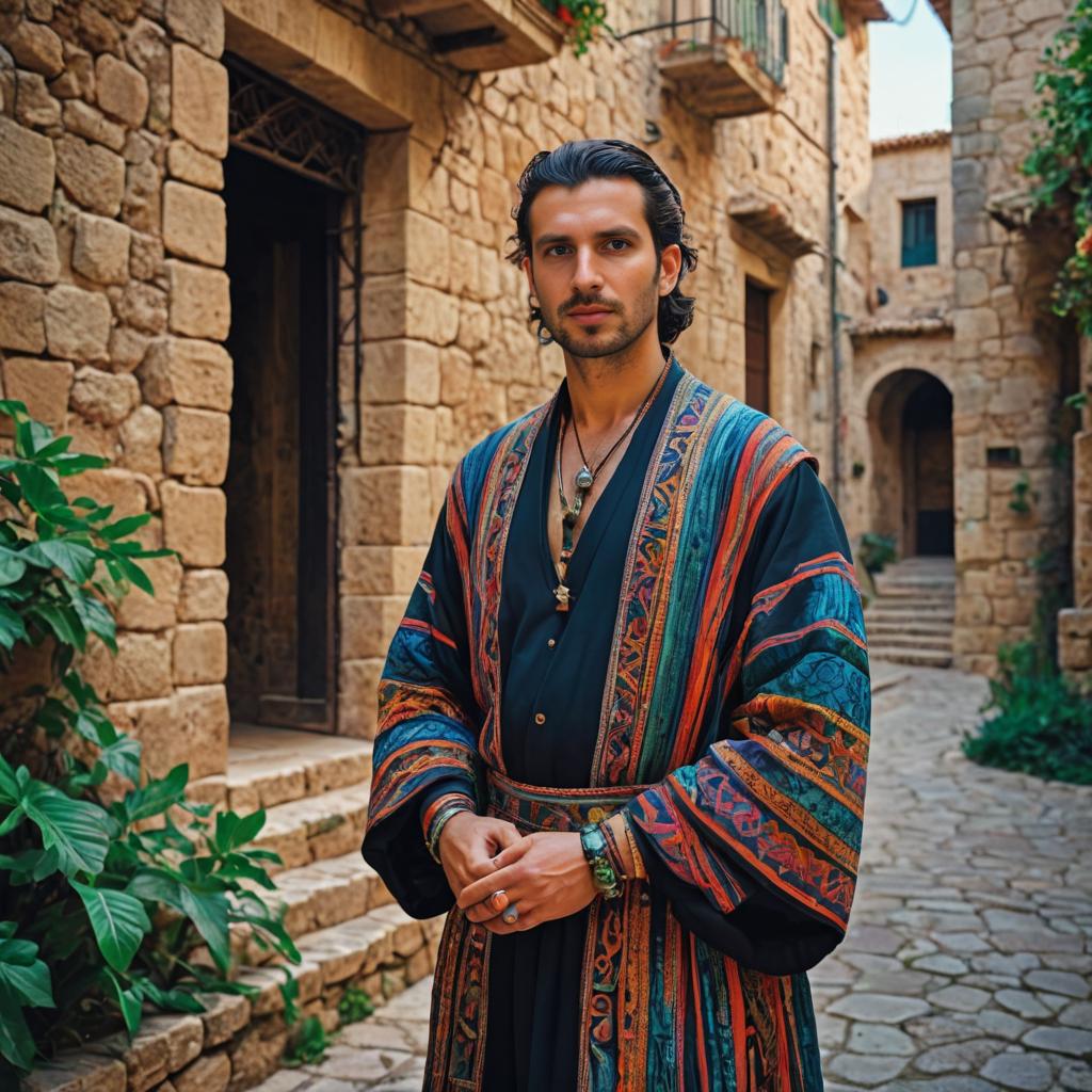 Man in Vibrant Robe in Cobblestone Alley