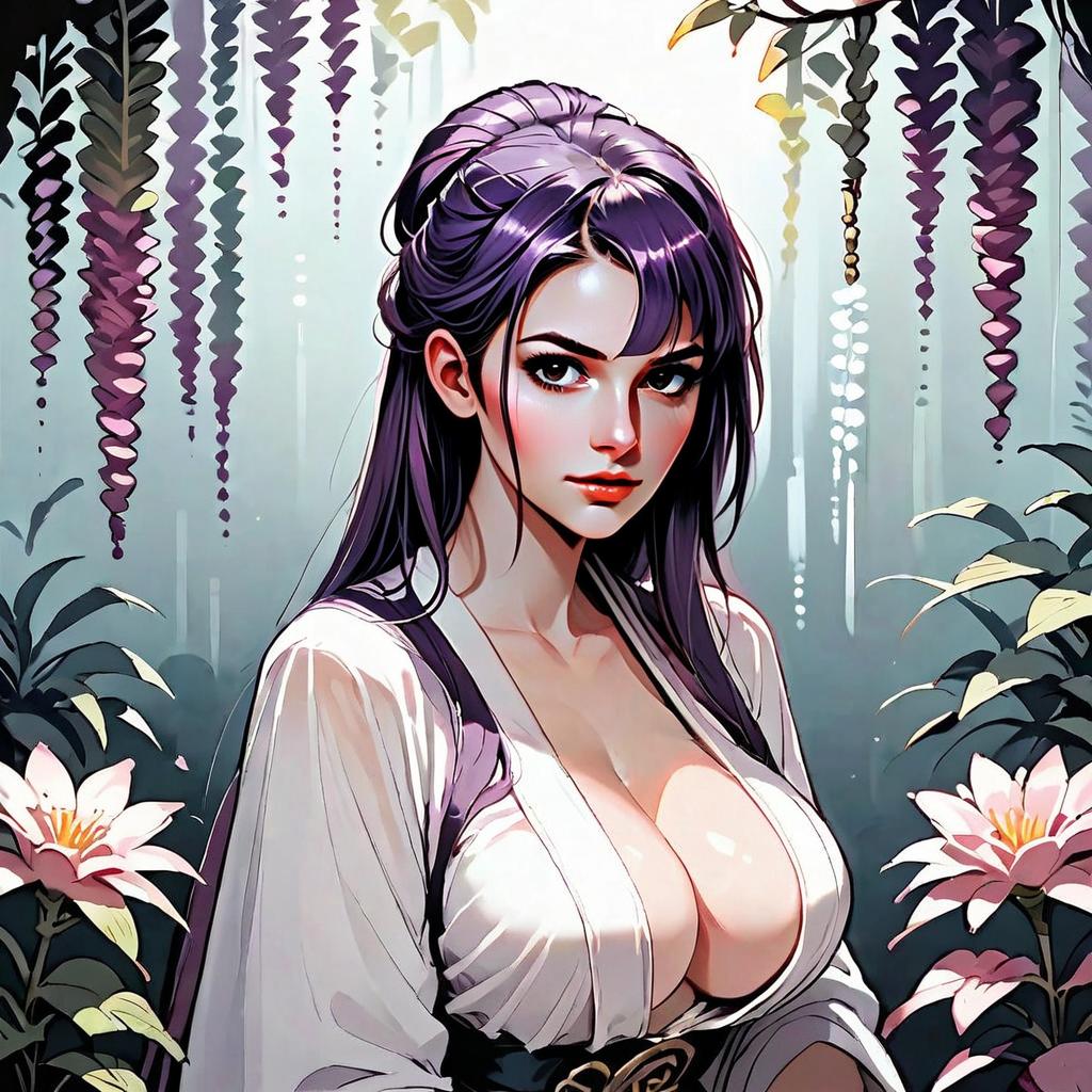 Anime Style Woman Among Hanging Vines and Flowers Digital Art