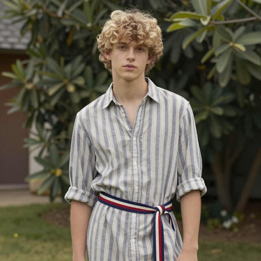 Stylish Young Man Wearing Striped Shirt and Belt in Outdoor Setting