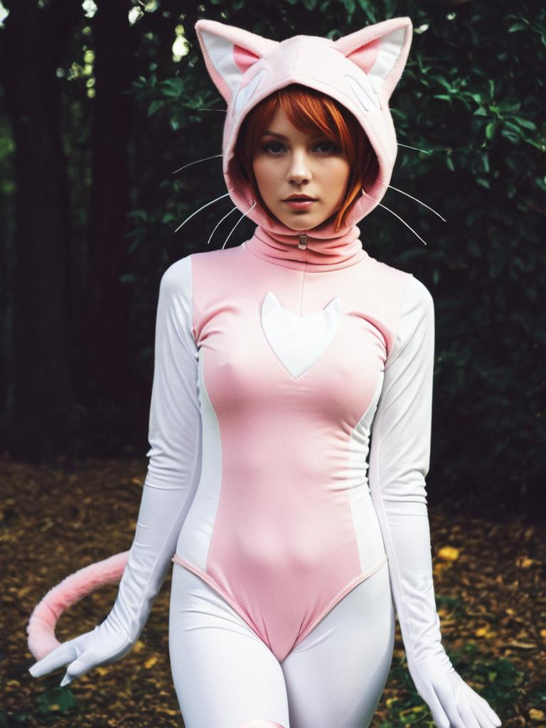 Realistic Mew Pokemon Cosplay Woman in Pink and White Costume