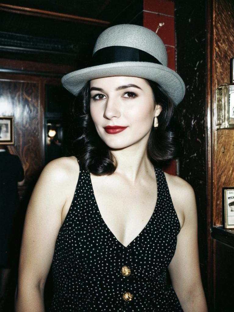 Vintage Speakeasy Costume Woman in Polka Dot Dress and Bowler Hat