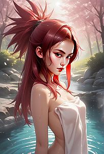 Young Woman in Serene Hot Spring - Anime Art