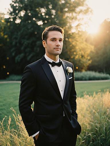 Man in Wedding Tuxedo Outdoor Portrait Golden Hour