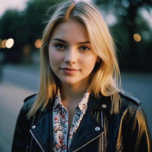 Young Woman Outdoor Portrait in Leather Jacket with Floral Shirt