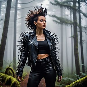 Confident Woman in Spiked Mohawk in Misty Forest