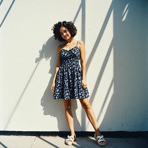 Young Woman in Navy Floral Dress Standing with Sunlit Shadows