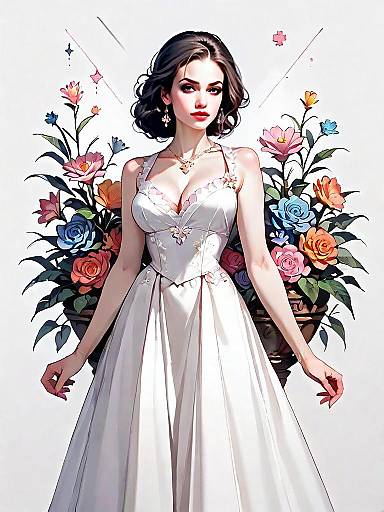 Elegant Woman in White Dress with Colorful Floral Background - Realistic Comic Style Illustration