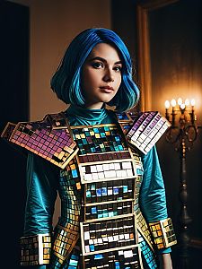 Woman in Realistic Bismuth Cosplay Costume with Blue Hair