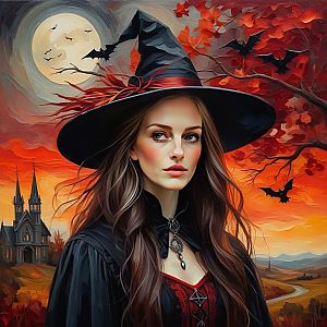 Witch in Autumn Landscape with Full Moon