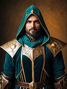 Man Cosplay in Realistic Nerevarine Costume with Green Hood and Golden Armor