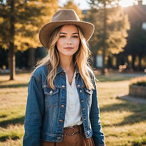 Young Woman in Sunlit Park with Wide-Brimmed Hat