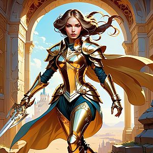 Confident Woman Warrior in Golden Armor