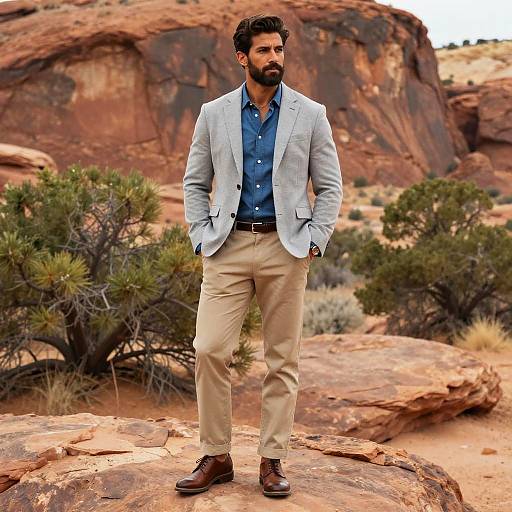 Stylish Man in Casual Blazer and Desert Landscape
