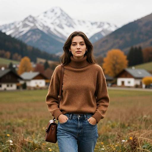 Young Woman in Brown Sweater Posing Outdoors with Mountain View