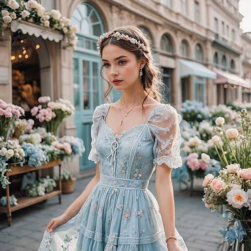 Young Woman in Vintage Blue Floral Dress in Romantic Flower Market