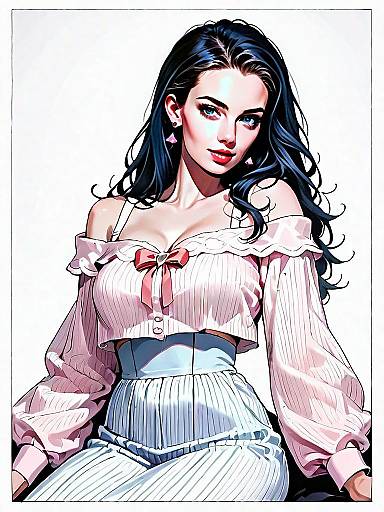 Elegant Woman in Pastel Pink Blouse and Striped Pants Digital Illustration