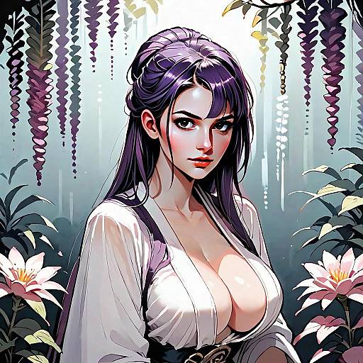 Anime Style Woman Among Hanging Vines and Flowers Digital Art