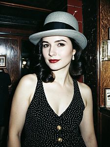 Vintage Speakeasy Costume Woman in Polka Dot Dress and Bowler Hat