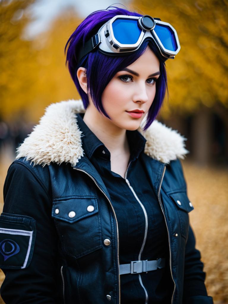 Woman with Purple Hair and Futuristic Goggles Inspired by Arknights