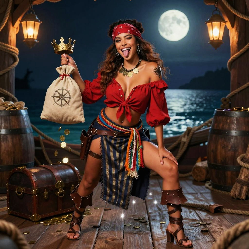 Playful Pirate Woman Holding Treasure Sack on Ship Deck at Night