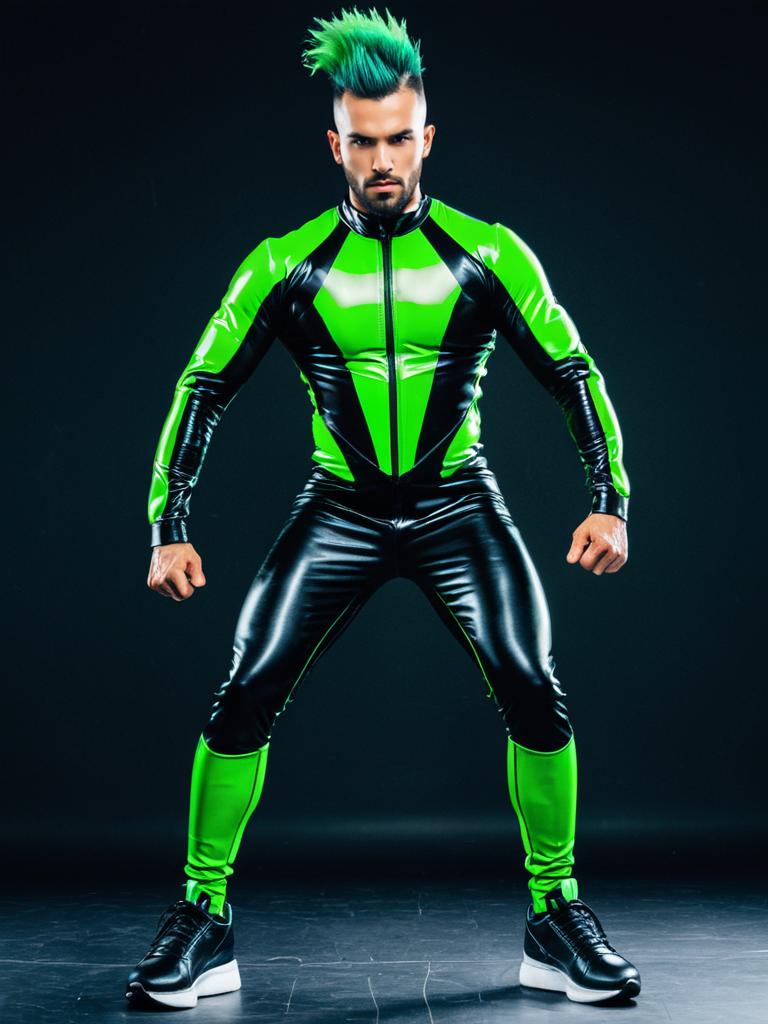 Man in Futuristic Neon Green and Black Cyberpunk Bodysuit with Mohawk