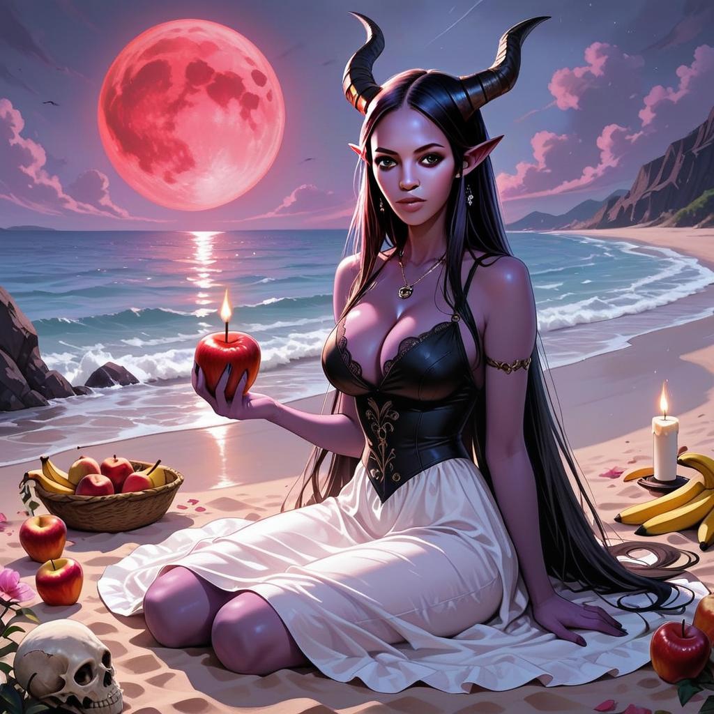 Mystical Woman with Horns on Beach under Red Moon