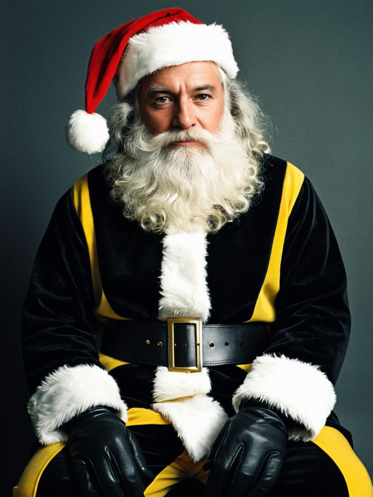 Man in Black and Yellow Santa Suit with Red Hat and White Beard