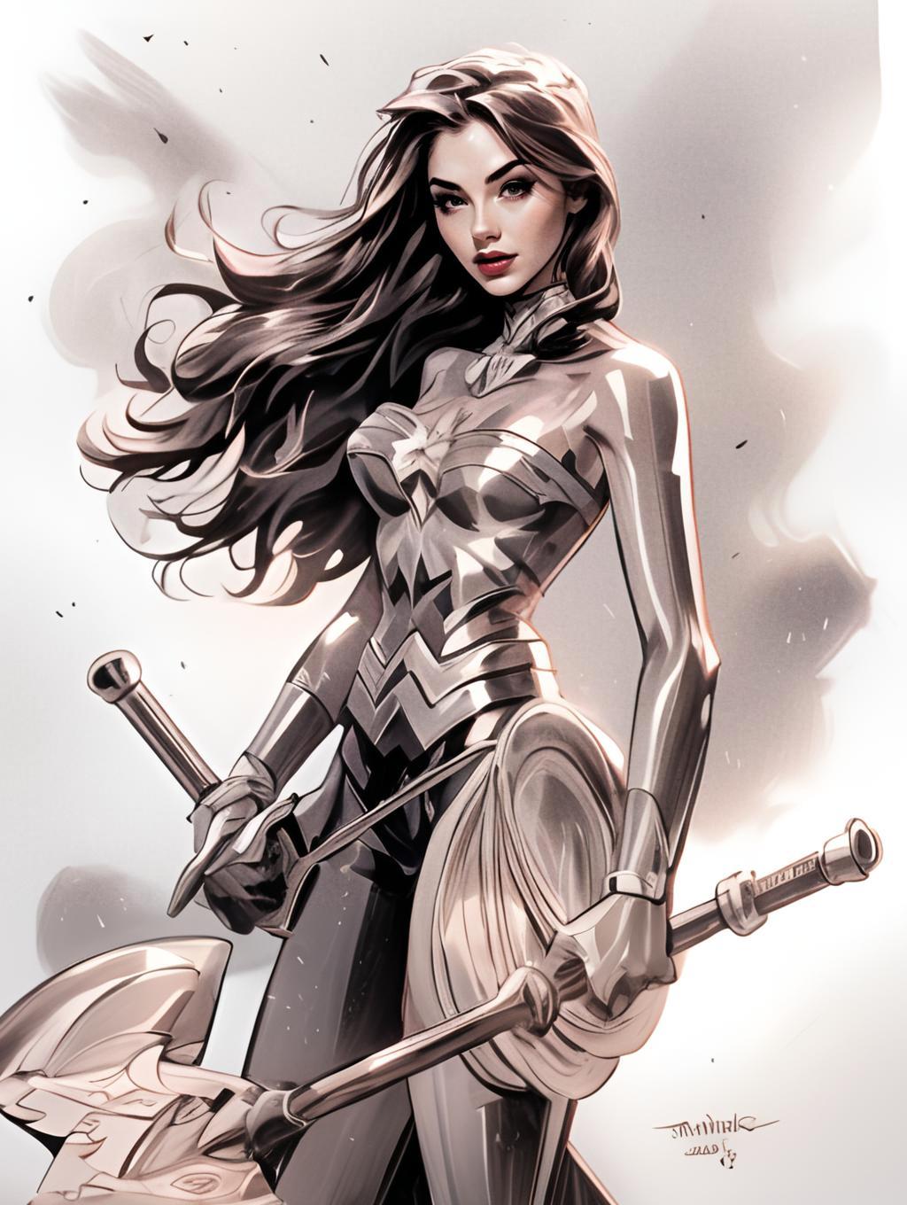 Futuristic Female Warrior in Metallic Armor Holding Battle Axe and Shield Digital Illustration