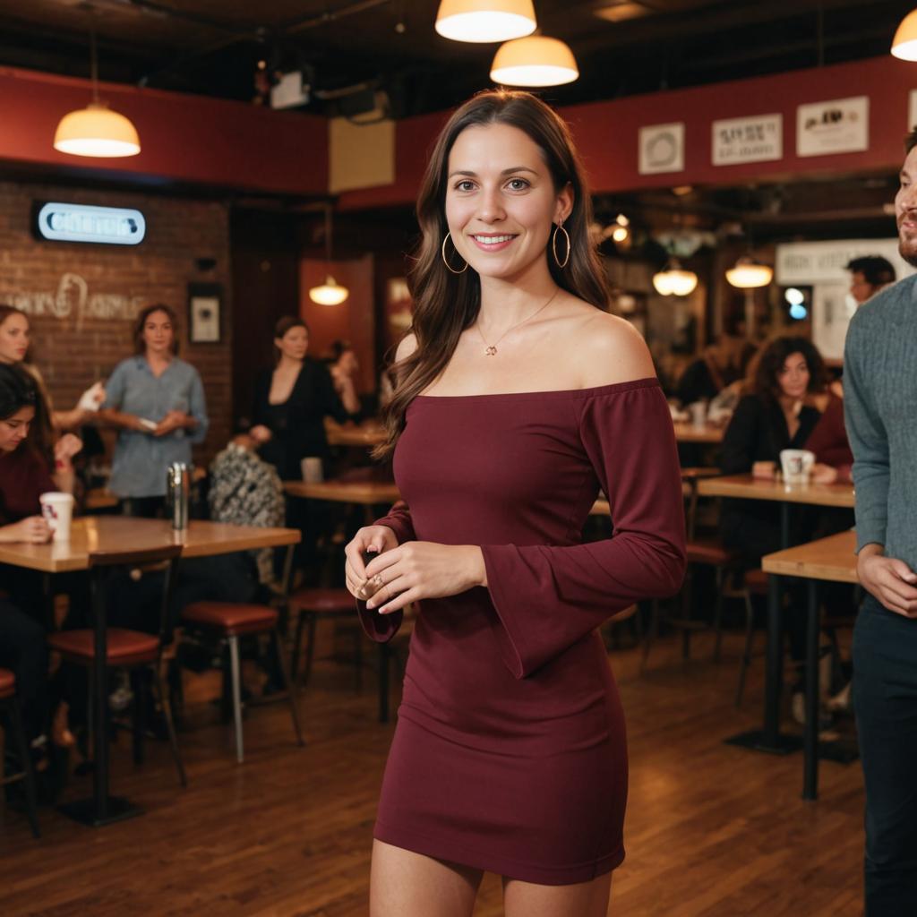 Smiling Woman in Chic Maroon Off-the-Shoulder Dress