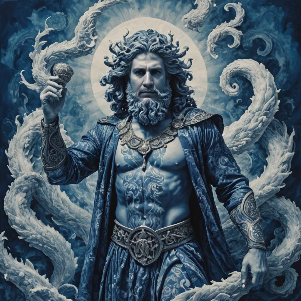 Poseidon with Trident in Waves