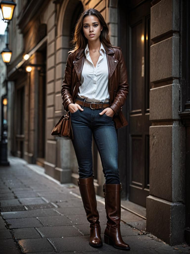 Stylish woman in leather jacket walking on cobblestone street