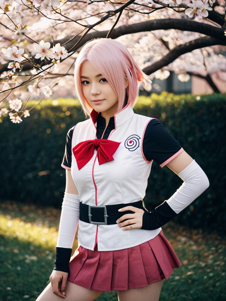 Realistic Sakura Haruno Cosplay Woman in Cherry Blossom Setting