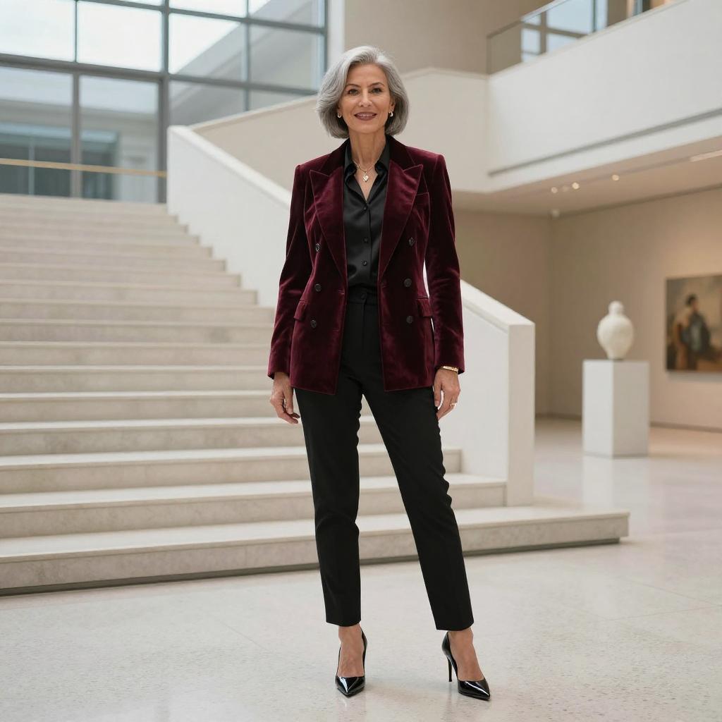 Elegant Mature Woman in Burgundy Velvet Blazer and Black Tailored Pants