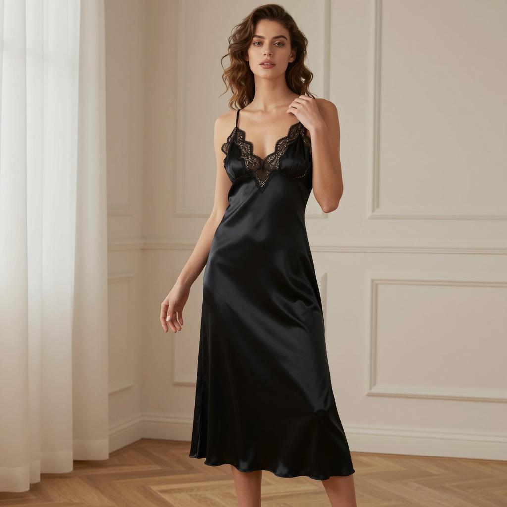 Elegant Black Satin Nightdress with Lace Detail Worn by Woman