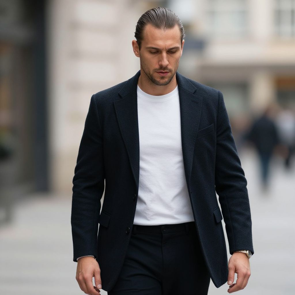 Young Man Wearing Black Blazer and White T-Shirt Walking in Urban Street