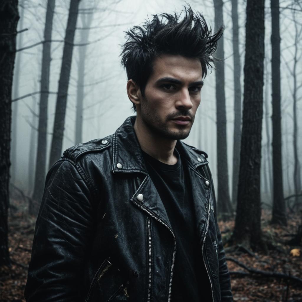 Young man in leather jacket in misty forest