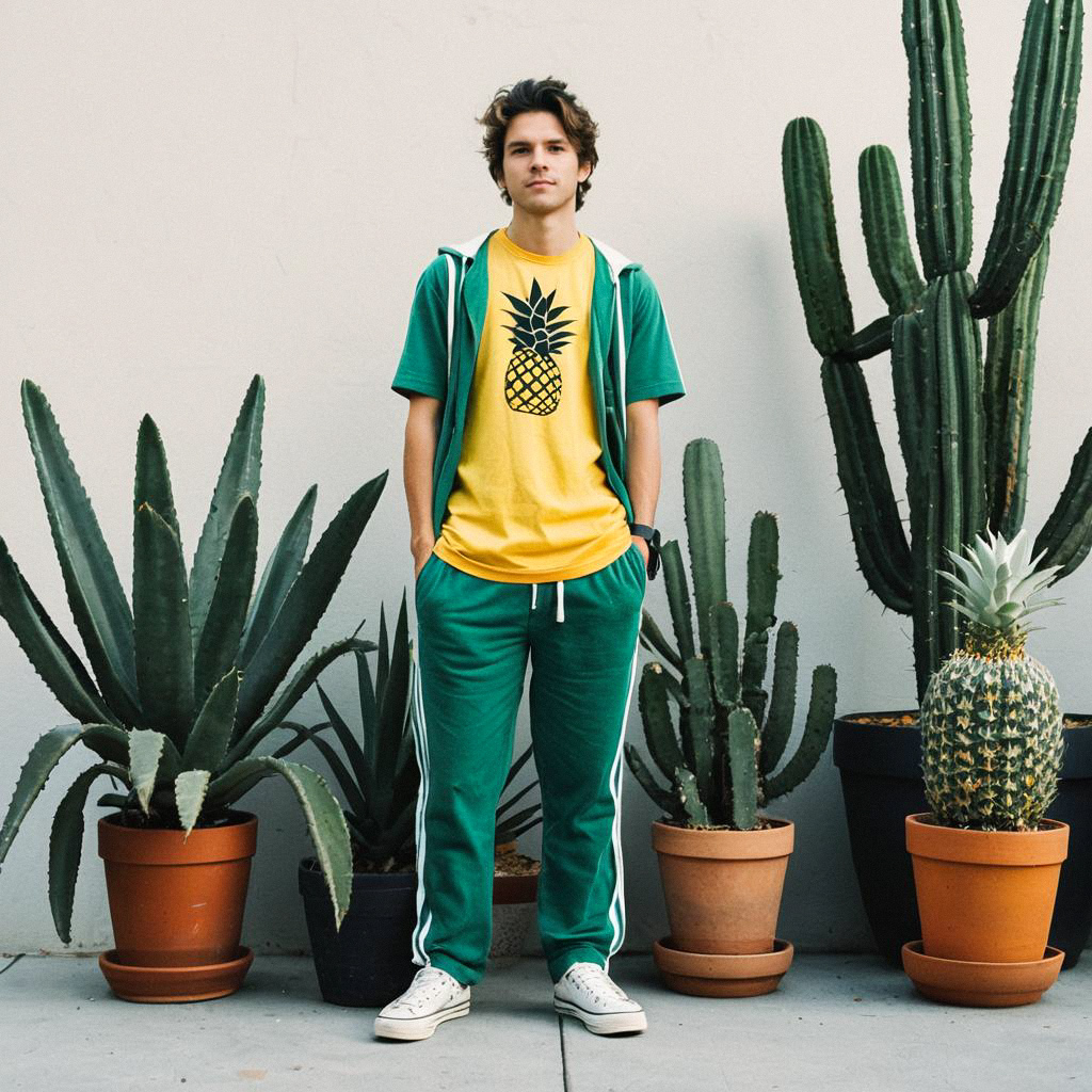 Confident Young Man in Casual Athletic Wear with Cacti Confident Young Man in Casual Athletic Wear with Cacti