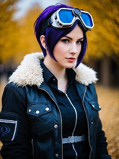 Woman with Purple Hair and Futuristic Goggles Inspired by Arknights