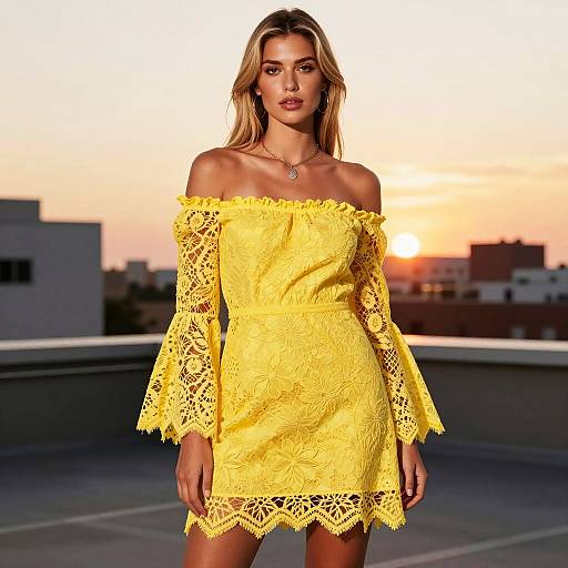 Young Woman in Yellow Lace Off-Shoulder Dress at Sunset on Rooftop